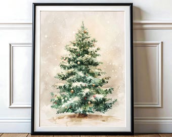 Impresión de árbol de Navidad / Arte mural navideño vintage / Decoración de acuarela imprimible / Descarga digital