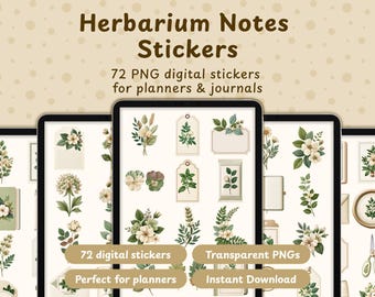 Herbarium Digital Stickers PNG, 72 Botanical Journal Clipart, Plant Planners Stickers, Vintage Clip Art