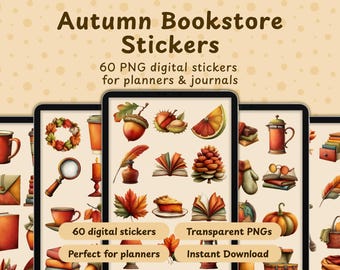 Pegatinas digitales de librería acogedora de otoño / Imágenes PNG para planificador de amantes de los libros (descarga digital)