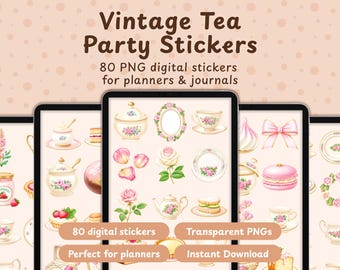 Pegatinas digitales de estilo vintage para fiestas de té, tazas de té victorianas con motivos florales, imágenes prediseñadas para agendas femeninas (descarga digital)