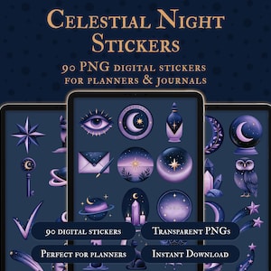 Könnte beinhalten: Celestial Night Sticker, 90 digitale PNG-Sticker für Planer und Journale. Die Sammlung enthält violette und dunkelblaue Illustrationen von Augen, Monden, Sternen, Umschlägen, Kristallen, Eulen und Teleskopen auf dunkelblauem Grund.