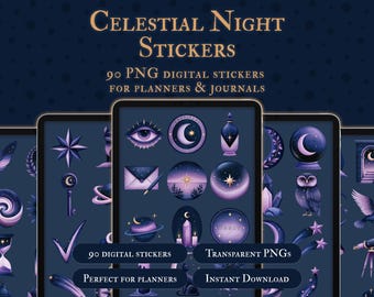 Pegatinas digitales Noche Celestial / 90 pegatinas PNG de luna y estrellas para agendas GoodNotes