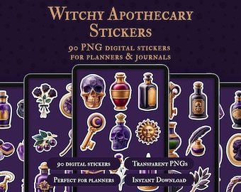 Pegatinas digitales PNG de boticario de bruja, imágenes prediseñadas de poción mística oscura, planificador GoodNotes de bruja (descarga digital)