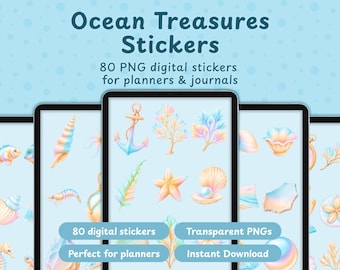Pegatinas de acuarela de tesoros del océano, conchas marinas costeras, imágenes prediseñadas de vida marina (descarga digital)