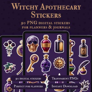 Hexenhaftes Sticker-Set, 90 Apotheken-PNGs für GoodNotes und Grimoire-Journals