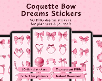 Pegatinas de acuarela con lazo coqueto / Elementos digitales PNG rosas para agenda (descarga instantánea)