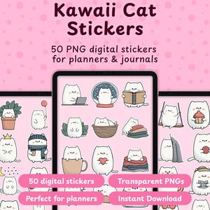 Cozy Kat Digitale Stickers, 50 PNG Alledaagse Clipart Voor GoodNotes Planner