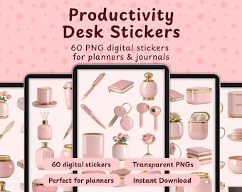 Pegatinas digitales rosas para escritorio / 60 iconos PNG para planificador de productividad (descarga digital)