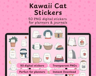 Kawaii Cat Digital Stickers | 50 PNG para GoodNotes, Notability, Procreate y Bullet Journal