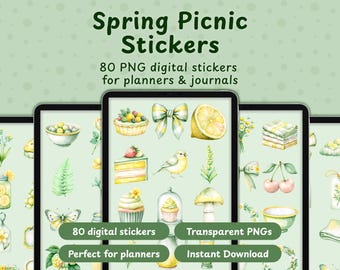 Pegatinas PNG de picnic primaveral, pegatinas digitales de acuarela estilo cottagecore para agendas, diarios y álbumes de recortes.