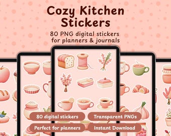 Pegatinas digitales de cocina acogedora, 80 imágenes PNG ilustradas para agendas (descarga digital)