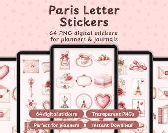 Paris Digital Stickers PNG, 64 Vintage Letter Clipart, Planners Stickers, French Coquette Clip Art