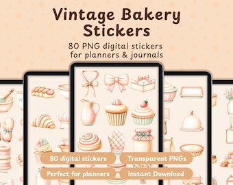 Pegatinas digitales de panadería vintage / 80 imágenes prediseñadas PNG de acuarela y gouache para agendas y diarios