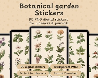 Pegatinas digitales PNG de jardín botánico: 90 imágenes prediseñadas de ilustraciones botánicas vintage para agendas y diarios.