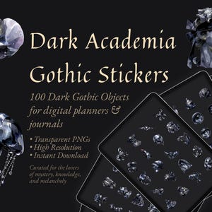 Puede incluir: Descarga digital de pegatinas góticas de Dark Academia. La imagen presenta un fondo oscuro con ilustraciones de acuarela de una medusa, una flor y un busto. El texto dice "Dark Academia Gothic Stickers" y "100 objetos góticos oscuros para planificadores y diarios digitales."