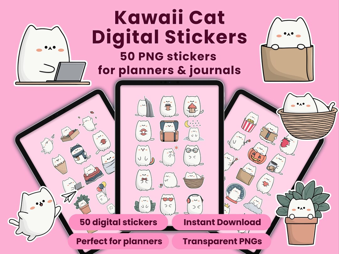 Kawaii Cat Digital Stickers | 50 PNG for Goodnotes, Notability ...