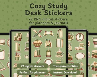 72 pegatinas digitales para escritorios de estudio acogedores, imágenes PNG para planificadores de productividad (descarga digital)