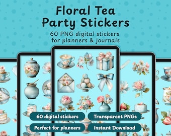 Stickers Floral Tea Party | PNG vintage románticos para planner (descarga digital)
