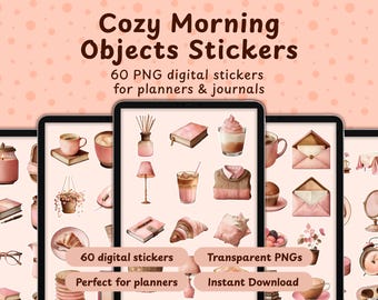 Pegatinas de objetos acogedores para la mañana / Café Hygge, libros, velas (Descarga digital)