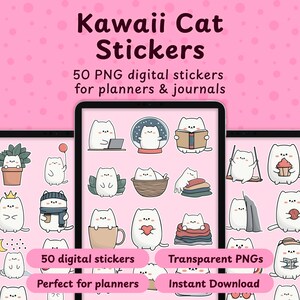 Kawaii Cat Digital Stickers | 50 PNG para GoodNotes, Notability, Procreate y Bullet Journal