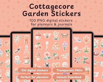 Pegatinas digitales de jardín estilo cottagecore, imágenes PNG botánicas para agendas (paquete de 100)