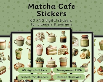 Pegatinas digitales de Matcha Cafe / Imágenes PNG en acuarela para agendas (Descarga digital)