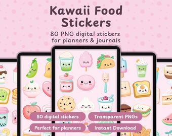 Pegatinas digitales de comida kawaii, 80 imágenes PNG para agendas y diarios, imágenes prediseñadas chibi pastel, pegatinas para Goodnotes
