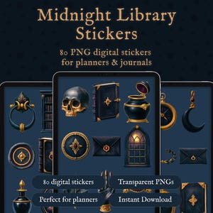 Può includere: Una collezione di 80 adesivi digitali intitolati Midnight Library Stickers, con illustrazioni PNG di teschi, libri, calamai, buste ed elementi architettonici in tonalità blu scuro e oro per agende e diari digitali.