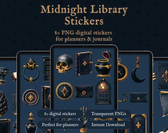 Pegatinas digitales Midnight Library Dark Academia, 80 pegatinas PNG para agendas Goodnotes, Notability, Penly