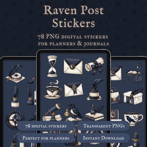 Peut inclure: Un ensemble de 78 autocollants numériques au format PNG intitulé Raven Post Stickers pour agendas et journaux. Les autocollants présentent des illustrations de sabliers, enveloppes, parchemins, plumes, encriers, télescopes, corbeaux et tasses.