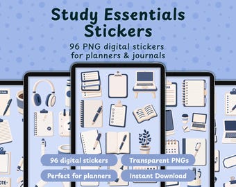 Study Essentials Digital Stickers PNG, 96 Productivity Clipart, Student Journal Stickers, College Clip Art