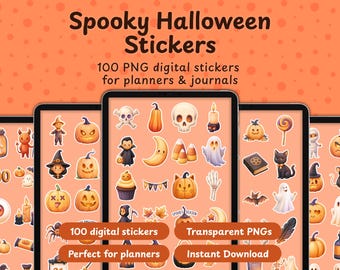 Pegatinas digitales de Halloween espeluznantes, 100 imágenes PNG para agendas (descarga digital)
