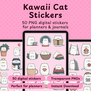 Puede incluir: Pegatinas digitales con ilustraciones de gatos kawaii. La imagen muestra tres tabletas que muestran varios diseños de gatos, incluidos gatos con libros, en bolas de nieve y con plantas. El texto de la imagen dice "Kawaii Cat Stickers" y "50 PNG digital stickers for planners & journals."