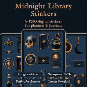 Dark Academia digitale stickers, 80 gotische bibliotheek PNGs voor GoodNotes journals
