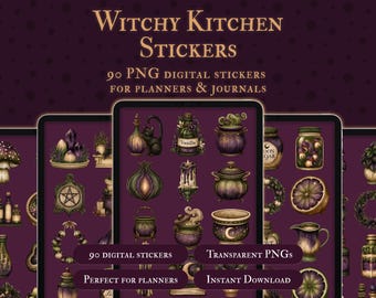 Pegatinas de cocina con temática de brujas / 90 imágenes prediseñadas PNG de brujas campestres (descarga digital)