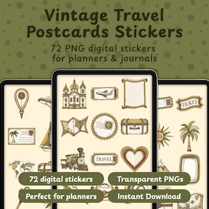 May include: A collection of 72 digital stickers featuring vintage travel themes, including illustrations of a train, a passport, a suitcase, a map, a palm tree, and a heart. The text reads Vintage Travel Postcards Stickers, 72 PNG digital stickers for planners & journals, 72 digital stickers, Transparent PNGs, Perfect for planners, and Instant Download.