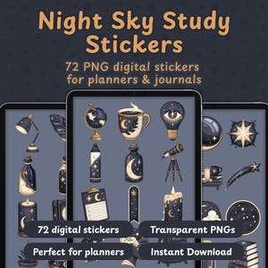 May include: Night Sky Study Stickers, 72 PNG digital stickers for planners and journals. The collection features dark blue and gold illustrations of globes, mugs, lightbulbs, telescopes, candles, clocks, and books with celestial moon and star motifs.
