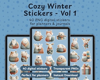Pegatinas digitales de animales invernales acogedores / 40 PNG transparentes / GoodNotes, Notability, Procreate, Bullet Journal Planner