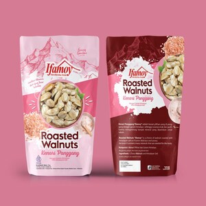 May include: Two packets of Ifamoy Roasted Walnuts in pink and maroon packaging. The pink packet has a mountain illustration and a circular image of walnuts. The maroon packet displays the product name and a close-up of the walnuts.
