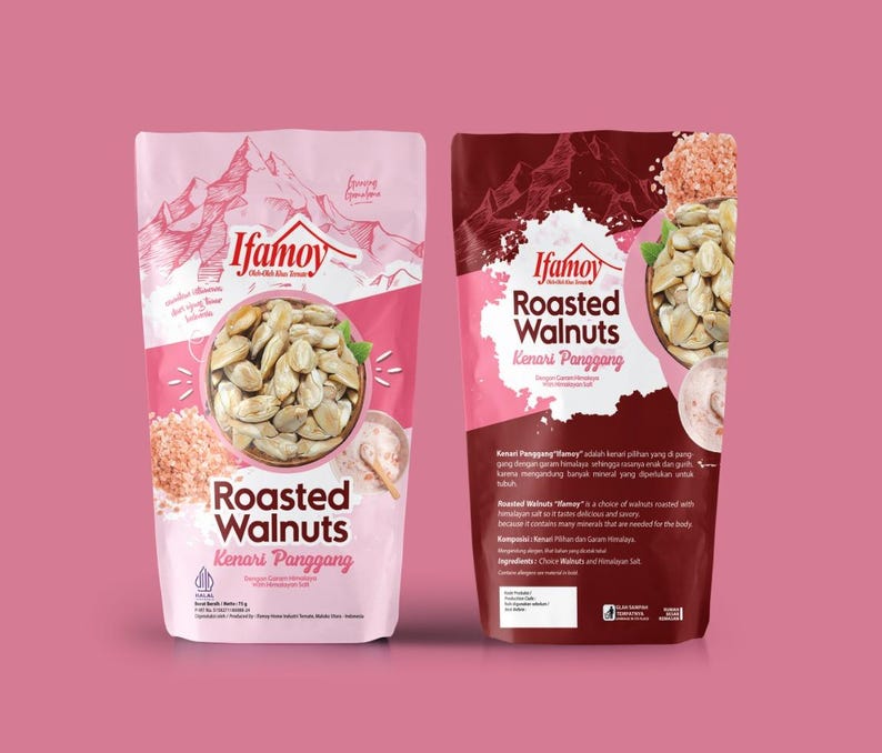 Puede incluir: Dos bolsas de Ifamoy Roasted Walnuts en envases rosa y granate. La parte delantera de la bolsa rosa presenta una ilustraci&oacute;n de monta&ntilde;a y una imagen circular de nueces. La bolsa granate muestra el nombre del producto y un primer plano de las nueces.