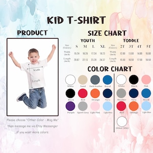 May include: A white Kid T-Shirt product image with a size and color chart. The size chart includes measurements in inches for youth and toddler sizes. The color chart displays various options, including white, black, and pink.