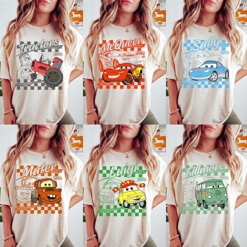 May include: Cream-colored t-shirts featuring various cartoon car characters and the text "Tractors", "McQueen", "Sally", "Mater", "Luigi", and "Fillmore". Each design includes the year "2006" and a checkered background.