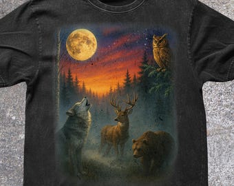 Maglietta vintage anni '90 con animali selvatici, maglietta retrò con colori comodi, maglietta grunge retrò con animali selvatici, maglietta nostalgica con natura, maglietta rustica con animali da esterno