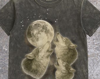 Retro drei Wölfe T-Shirt, 90er Jahre Wolf Vintage Shirt, Boho Wolf Liebhaber T-Shirt, Wölfe, die den Mond angehen Unisex Shirt, drei Wölfe T-Shirt
