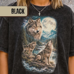 Camiseta Retro Wolves, Camiseta Comfort Colors Boho Wolves Lovers, Camiseta com estampa Wolves Moonlight anos 90, Camiseta vintage unissex oversized