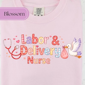 Puede incluir: Sudadera rosa claro con las palabras "Labor & Delivery Nurse" en letras coloridas. También se muestra un estetoscopio rojo y una cigüeña que lleva un bebé en un bulto rosa. La palabra "Blossom" está en una pancarta de color púrpura claro.