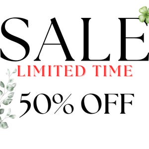 May include: White background with the word "SALE" in large black letters, "LIMITED TIME" in red, and "50% OFF" in large black letters. A green four-leaf clover and leafy sprigs are in the corners.