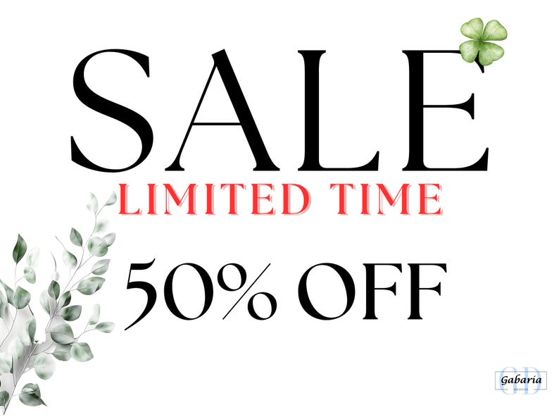 May include: White background with the word "SALE" in large black letters, "LIMITED TIME" in red, and "50% OFF" in large black letters. A green four-leaf clover and leafy sprigs are in the corners.