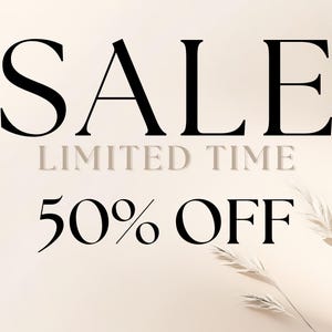 May include: A beige background with the word "SALE" in large black letters, followed by "LIMITED TIME" in light gray, and "50% OFF" in black. Decorative wheat stalks are in the background.