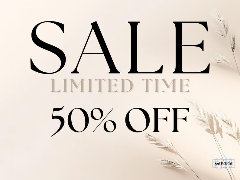 May include: A beige background with the word "SALE" in large black letters, followed by "LIMITED TIME" in light gray, and "50% OFF" in black. Decorative wheat stalks are in the background.